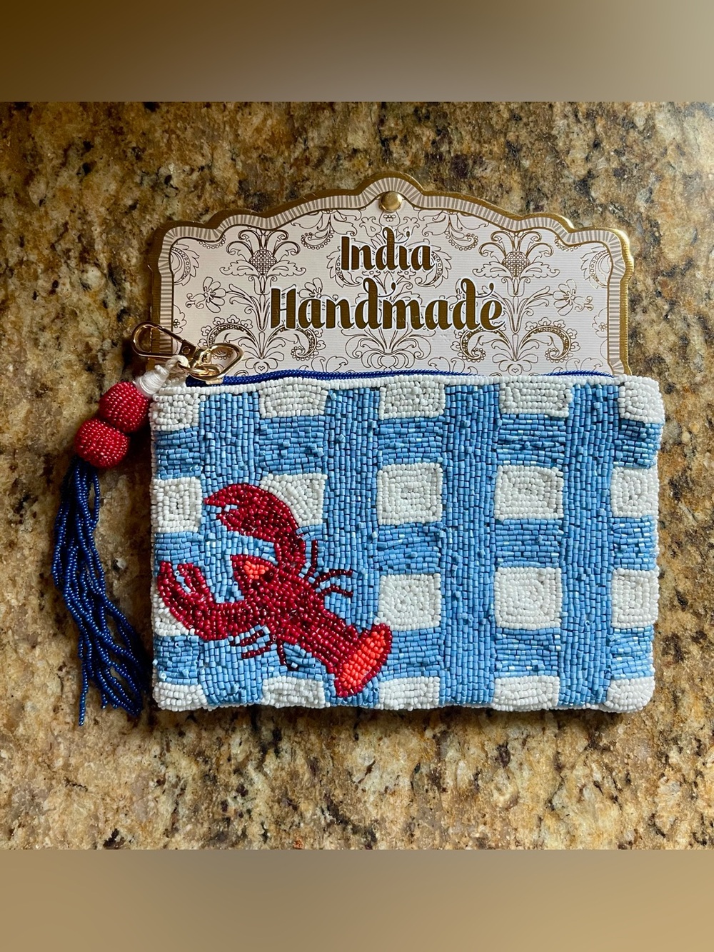 🦞Handmade Beaded Pouch with Red Lobster Motif